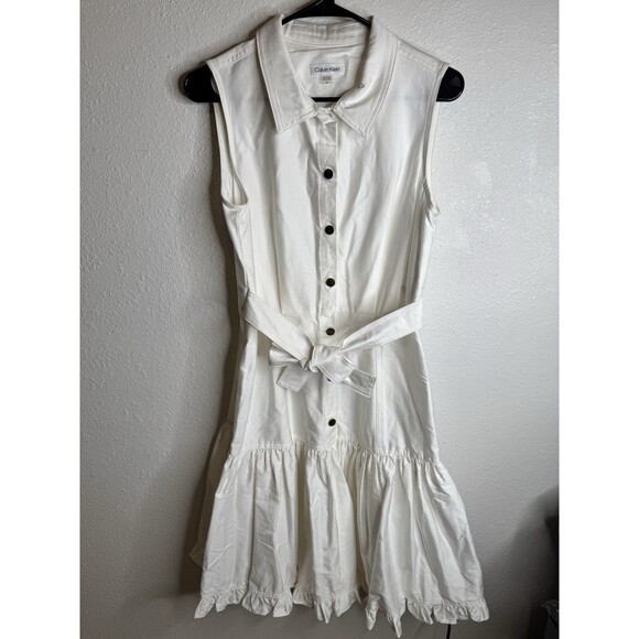 Calvin Klein Women’s White Sleeveless Shirt Dress Sz 8 Belted Button Front Hem - Picture 2 of 14